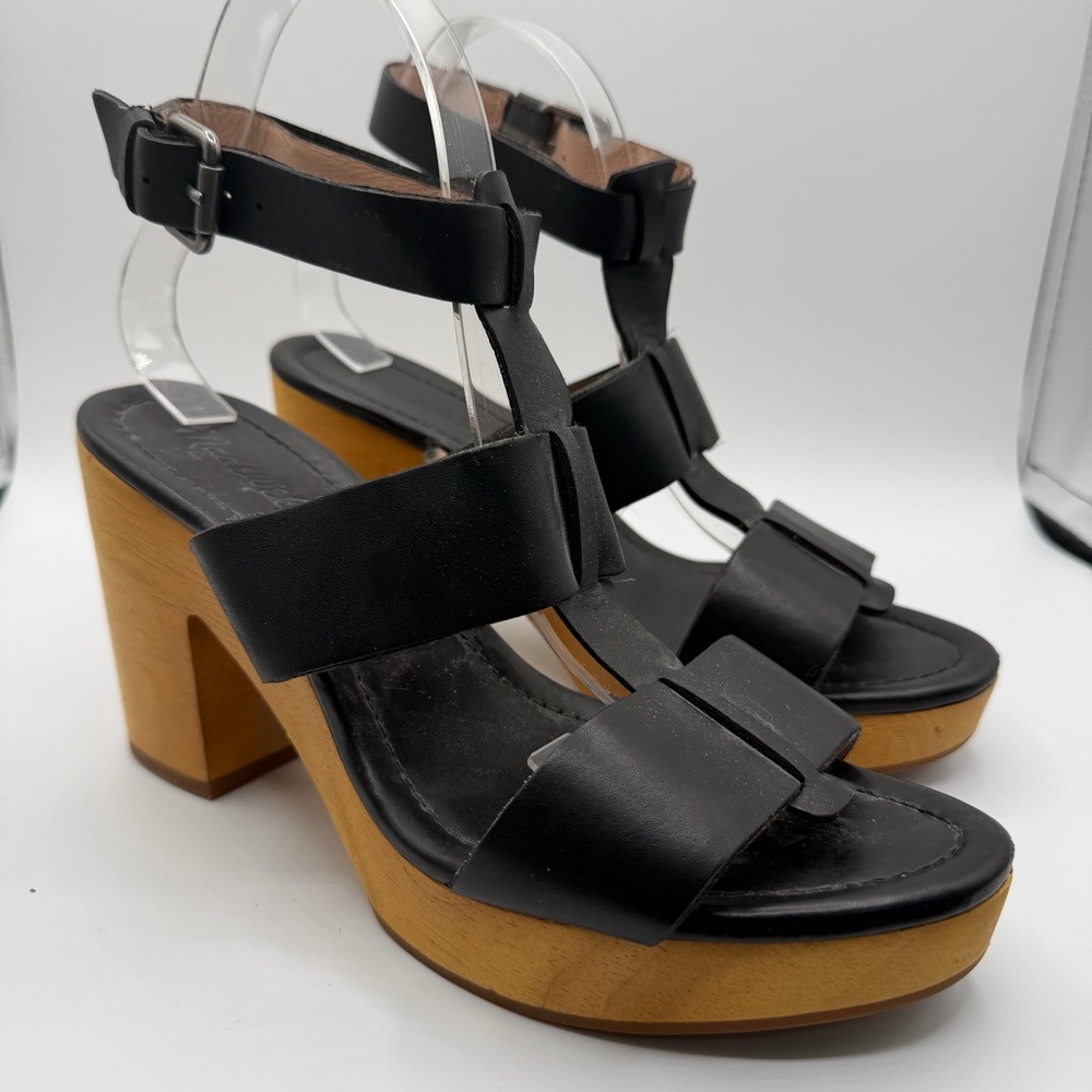 Madewell Irving Black Leather Platform T Strap Heels 9.5 Boho Clog